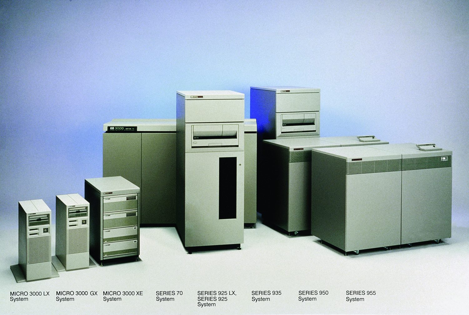 HP 3000 line (L to R): Micro3000 LX, Micro3000 GX, Micro3000 XE, Series 70, Series 925 LX, Series 935, Series 950, Series 955.