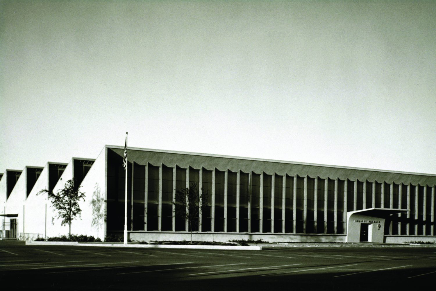 Exterior view of HP's first administration building at 395 Page Mill Road in Palo Alto (taken in 1954).