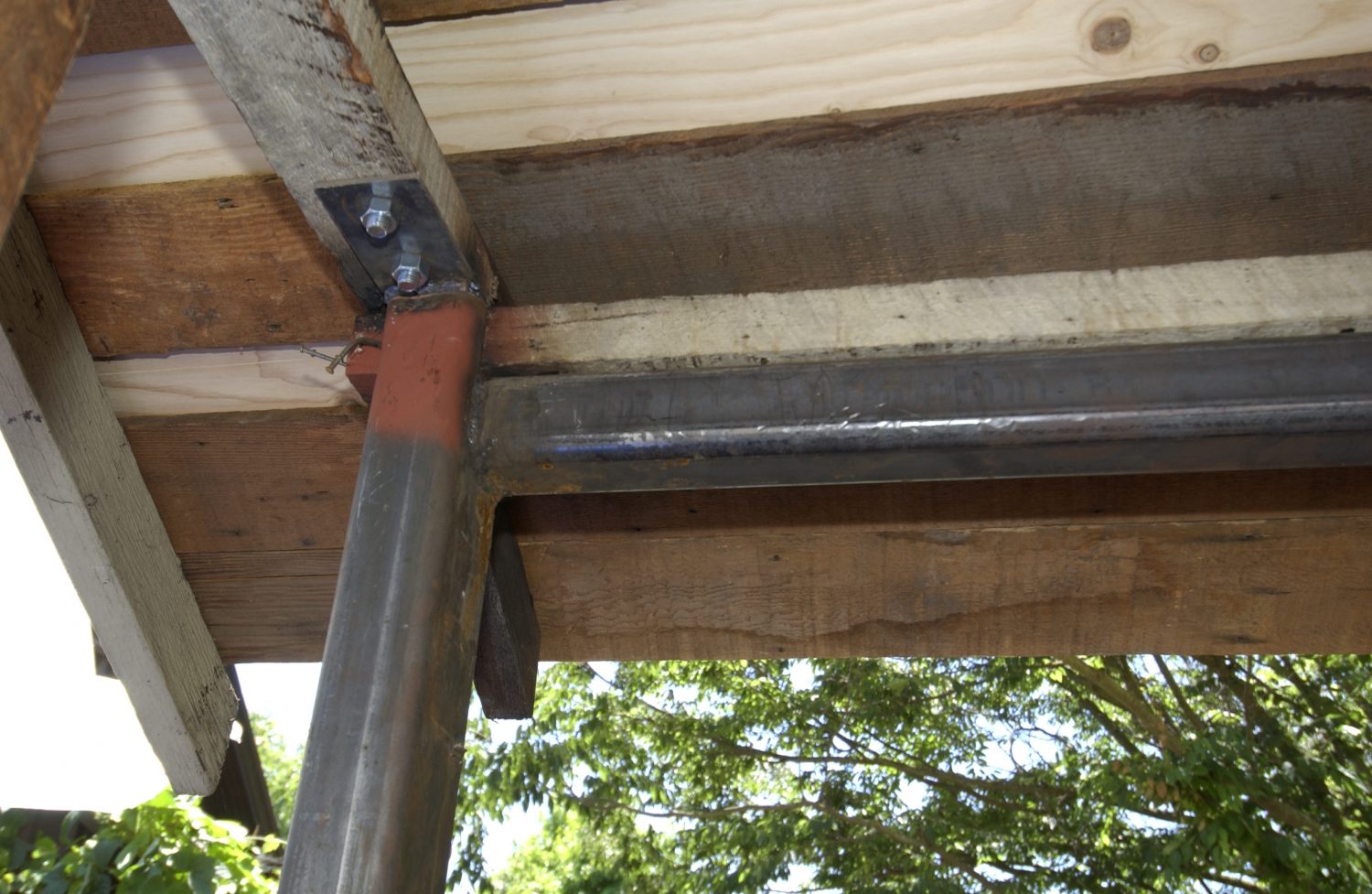 Close up photo of the steel substructure installed during the garage restoration on Addison Avenue.