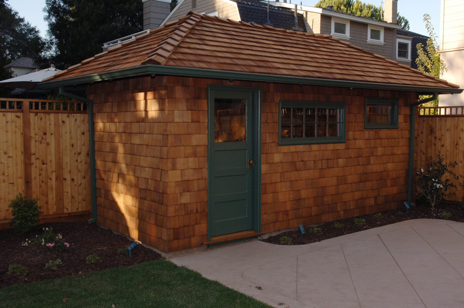 Photo of the restored shed where Bill Hewlett lived on the Addison Avenue property.