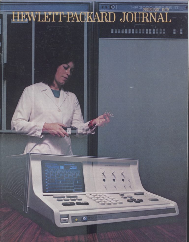 Cover of the Hewlett-Packard Journal from February 1978 featuring a woman working on the HP Model 1615A Logic Analyzer.