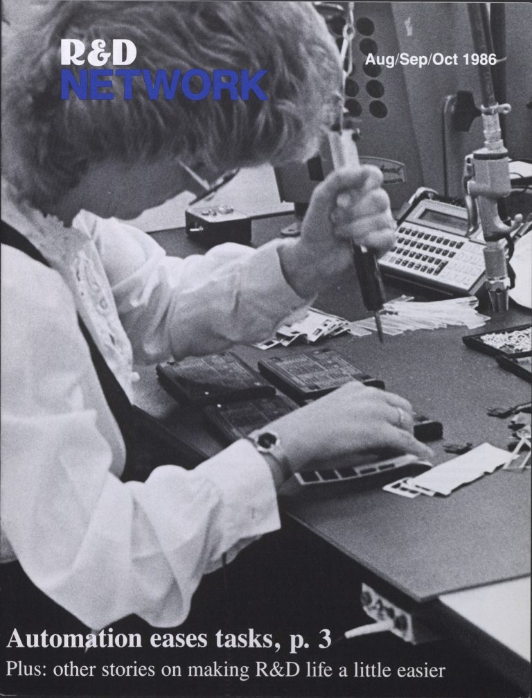 Cover of R&D Network from the fall of 1986 featuring Collen Kimble working on the final assembly of a series 10C calculator.