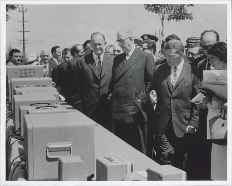 Bill Hewlett shows Charles de Gaulle some products during a tour of HP's headquarters in Palo Alto in 1960.