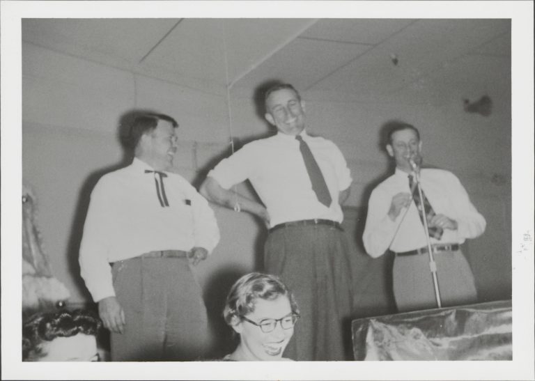 Bill Hewlett and Noel Eldred laughing together in 1954.
