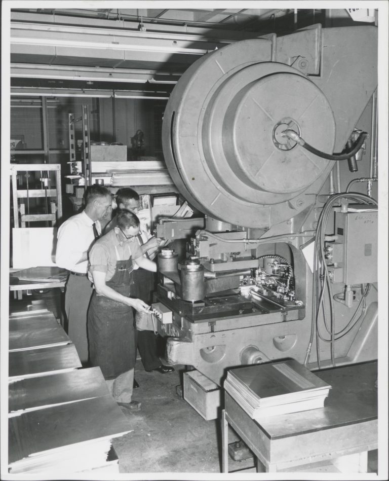 A multi-ton punch press from one of Hewlett-Packard's Page Mill facilities, in use in the 1950s.
