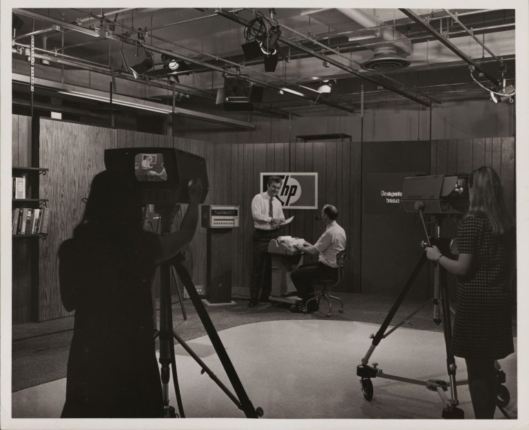 Behind the scenes photo from Hewlett-Packard's HP-TV television studio in the 1960s.