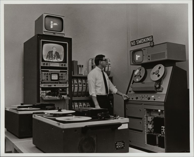 Behind the scenes photo from Hewlett-Packard's HP-TV television studio in the 1960s.