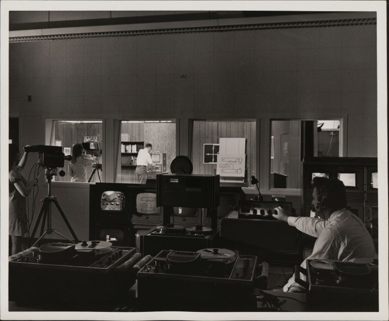 Behind the scenes photo from Hewlett-Packard's HP-TV television studio in the 1960s.