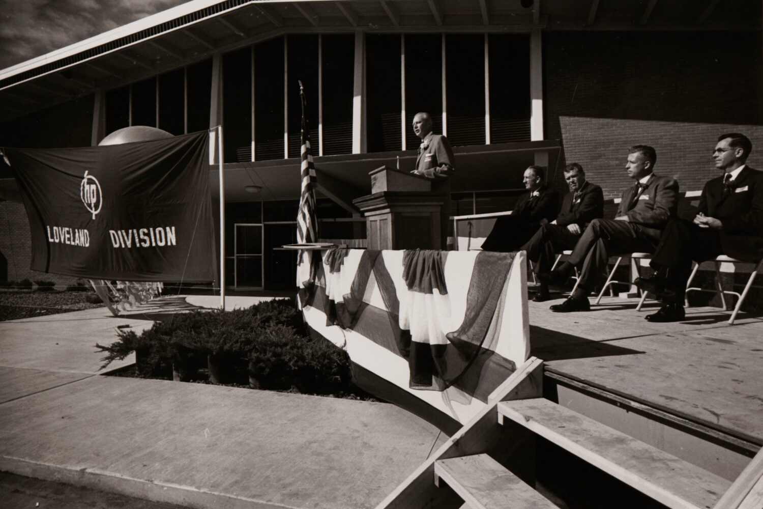 Dave Packard speaking at the opening of Hewlett-Packard's Loveland, Colorado, plant.