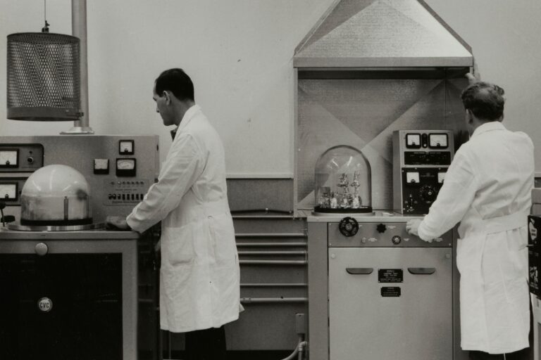 Two researchers working in a lab at Hewlett-Packard's Page Mill Road facility.