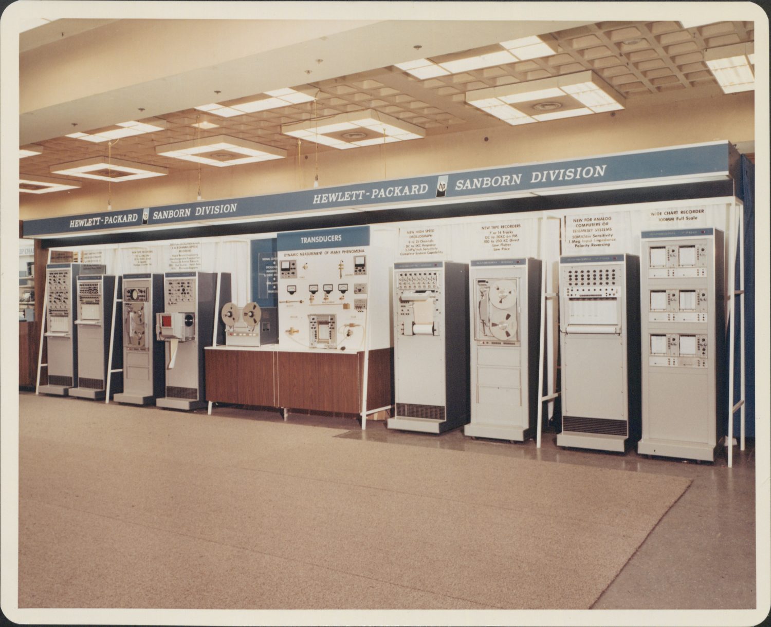 A display showcasing the instruments from the Sanborn Division of Hewlett-Packard in 1967.