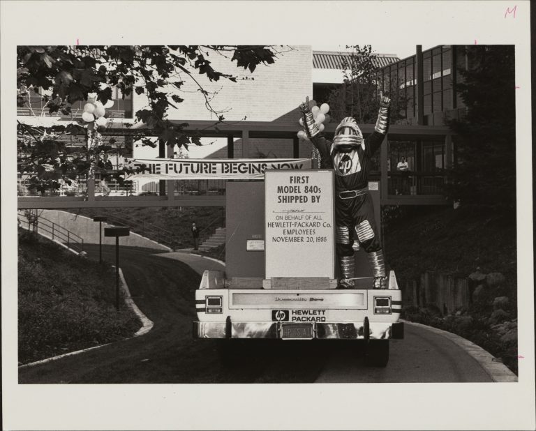 An HP employee in a futuristic costume celebrating the shipment of HP's first Precision Architecture products (Model 840s).