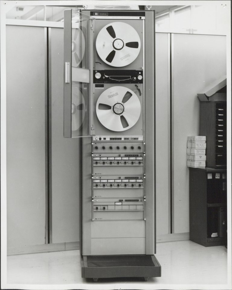 Photo of the HP 3950, Hewlett-Packard's first magnetic tape recording system.