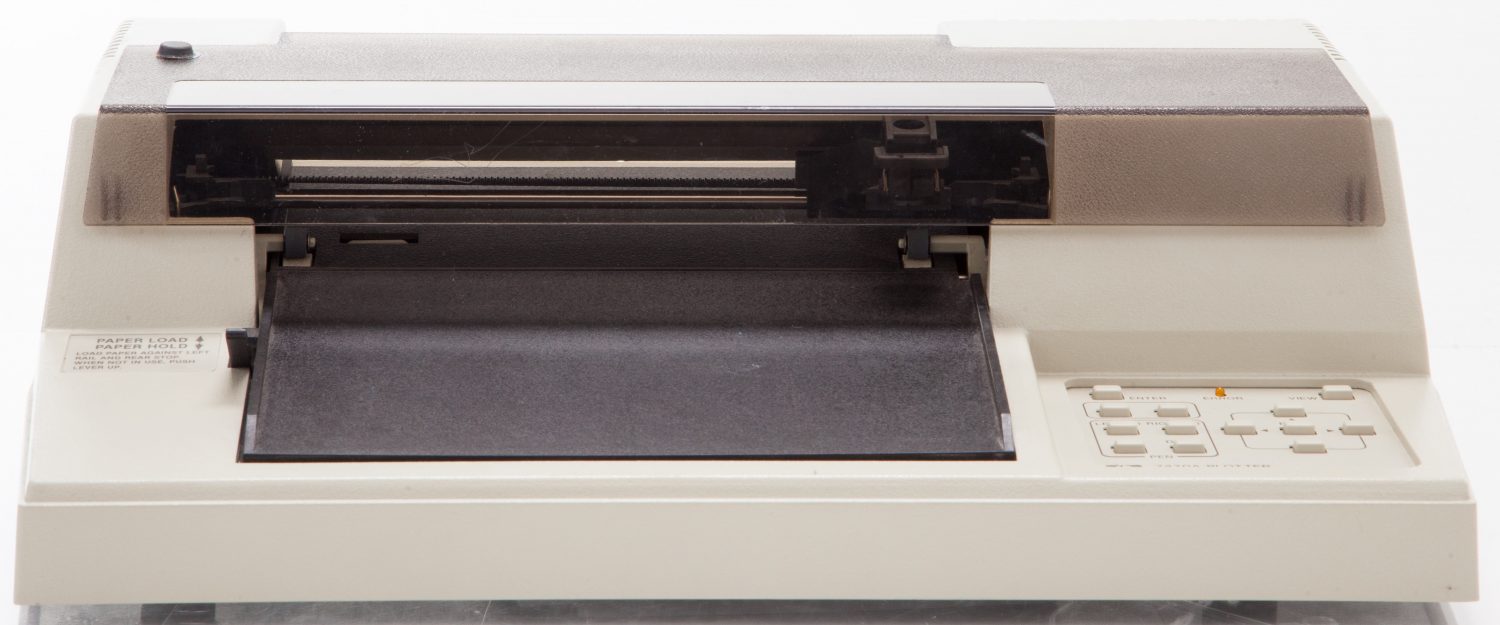 The Hewlett-Packard 7470A graphic pen plotter (front).