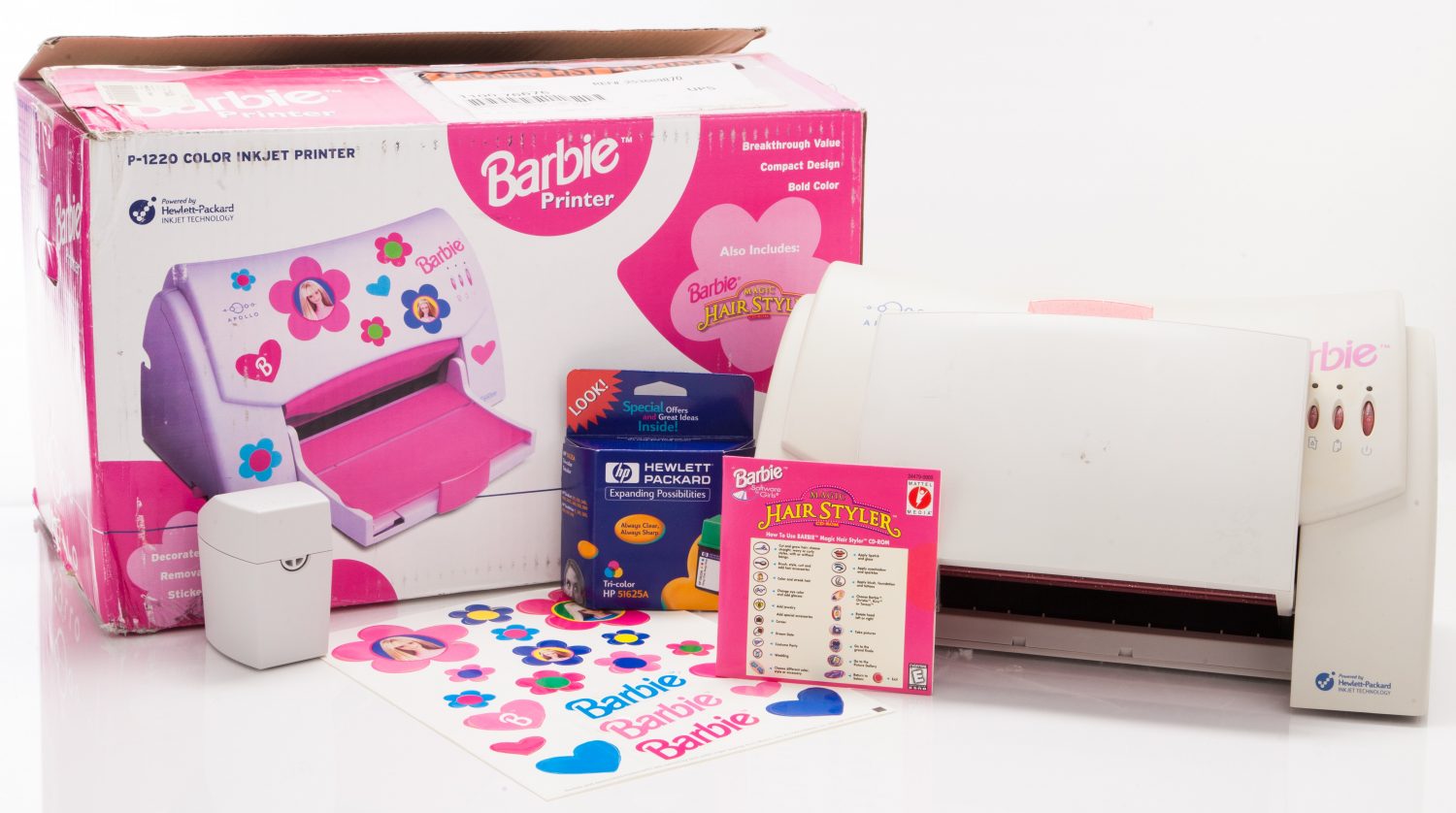 Barbie-branded HP Apollo P1220 color Inkjet printer with box and accessories.