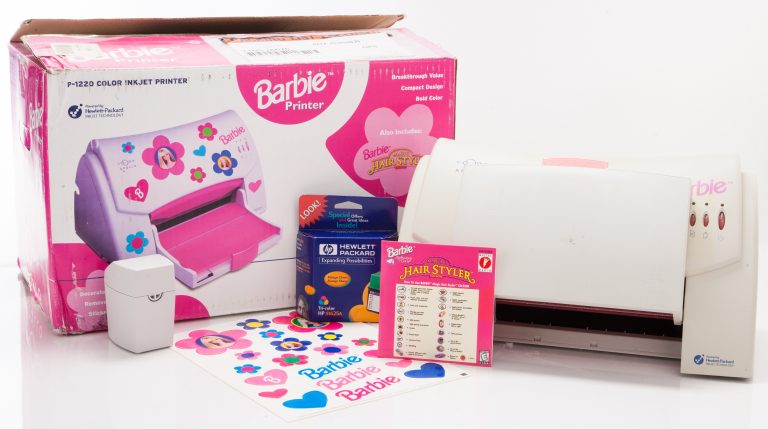 Barbie-branded HP Apollo P1220 color Inkjet printer with box and accessories.