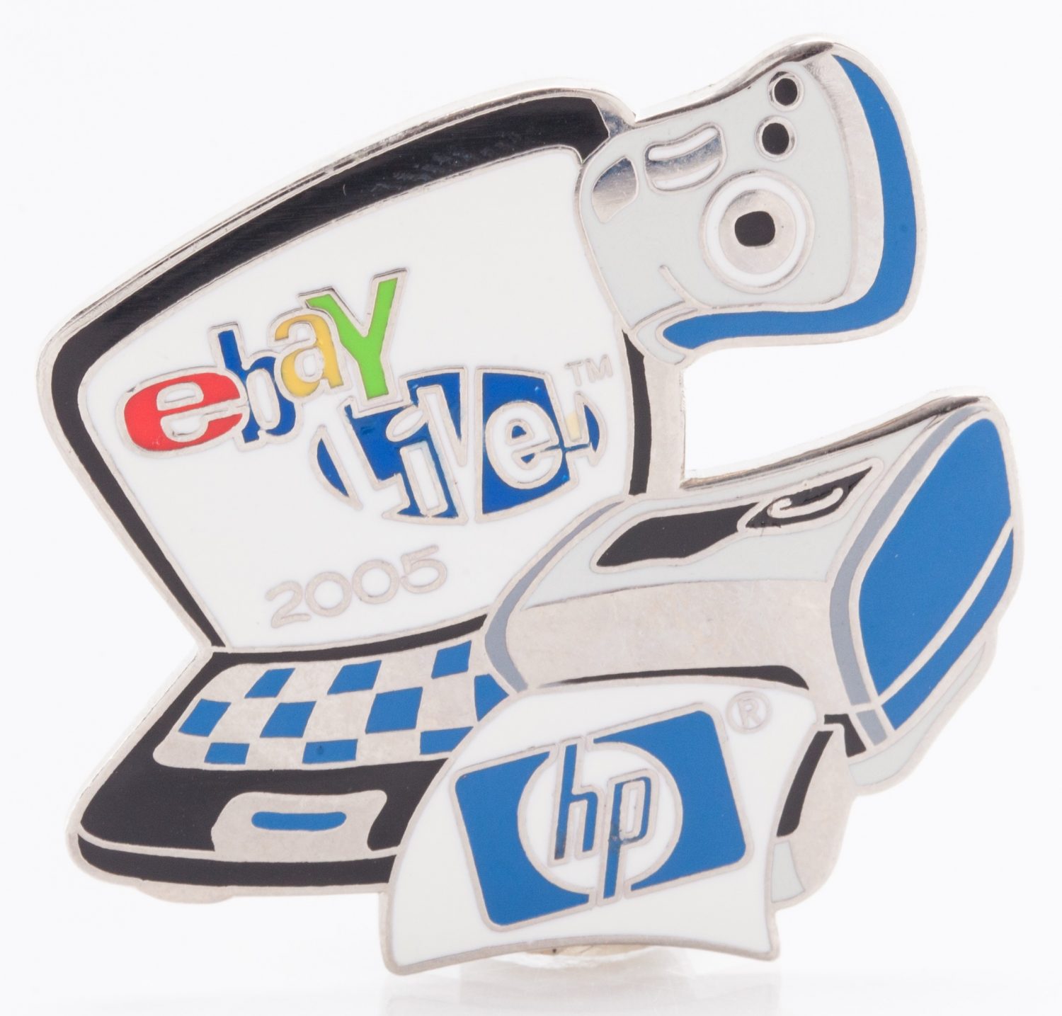 A pin celebrating HP's sponsorship of eBay Live! in 2005, featuring a laptop, printer and camera.
