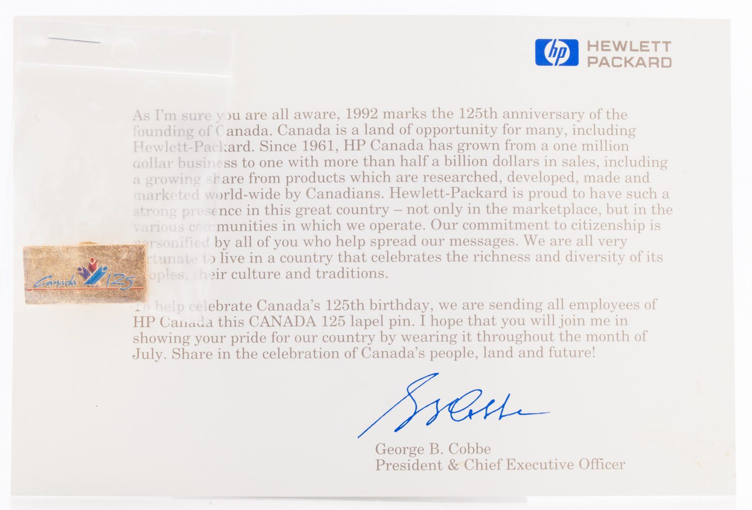 Letter from HP executive George Cobbe about Canada's 125th birthday with attached pin.