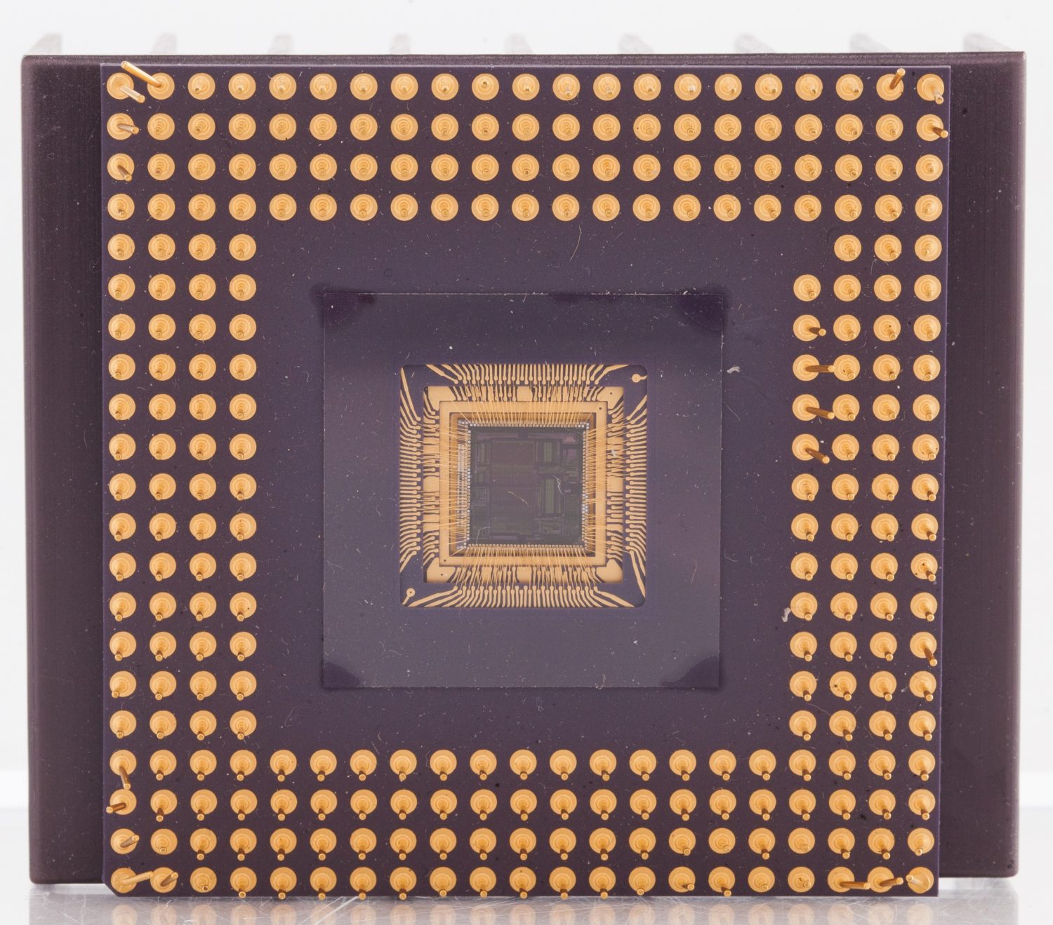 Close-up view of a chip package featuring Hewlett-Packard's reduced instruction set computing (RISC) architecture.