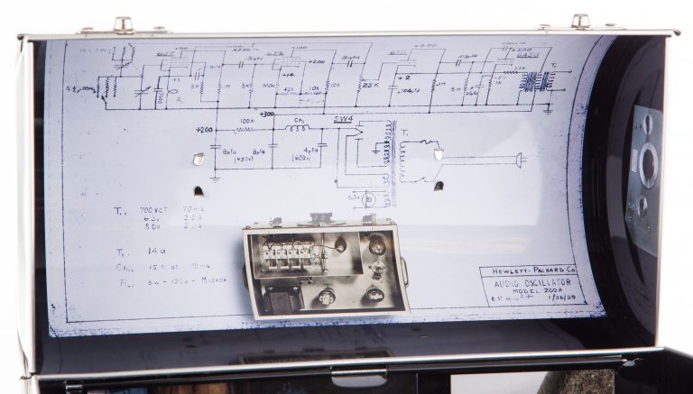 Inside the top cover of the commemorative lunchbox with schematic of the 200A audio oscillator.