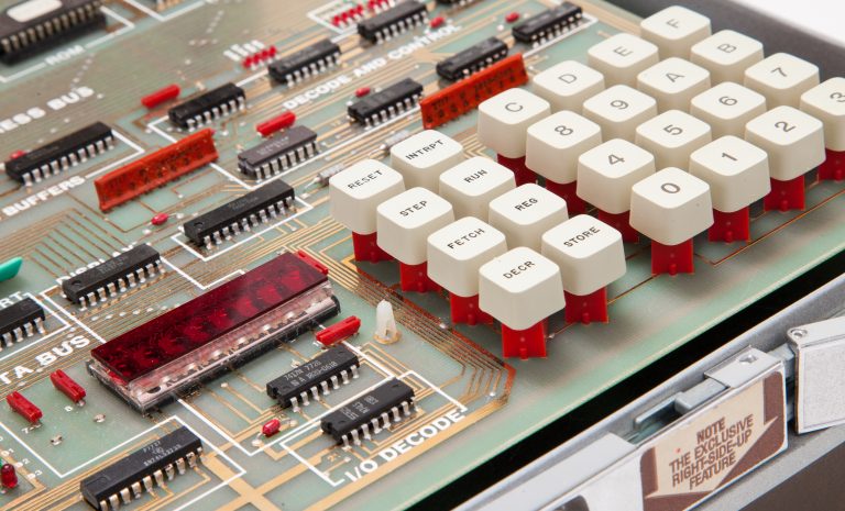 Close-up view of the HP 5036A Micro Lab with exposed circuit board and keys.