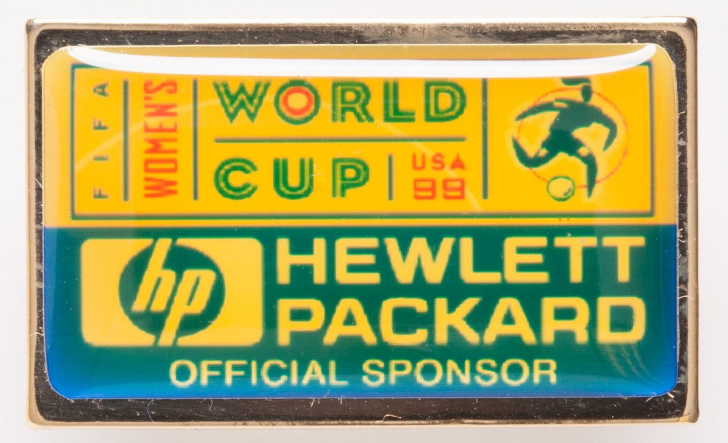 Pin celebrating Hewlett-Packard as a sponsor of the 1999 Women's World Cup.