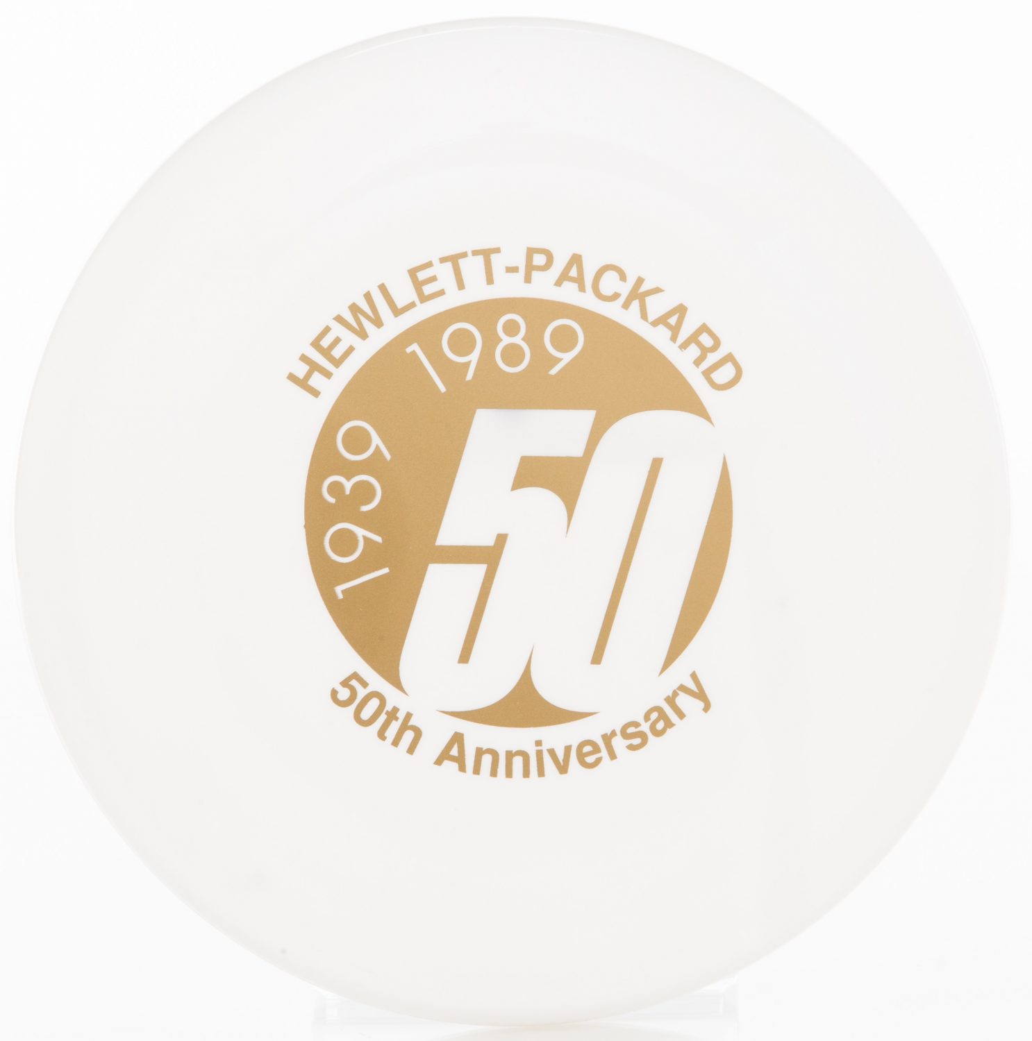 A frisbee celebrating Hewlett-Packard's 50th anniversary.