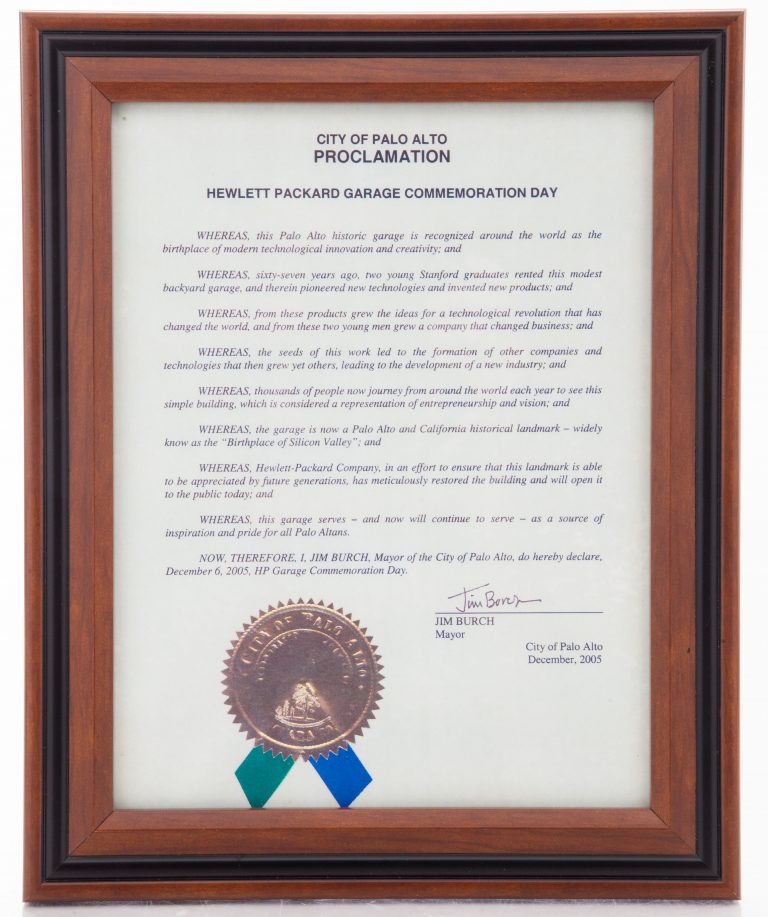 Framed proclamation declaring December 6, 2005 Hewlett Packard Garage Commemoration Day.