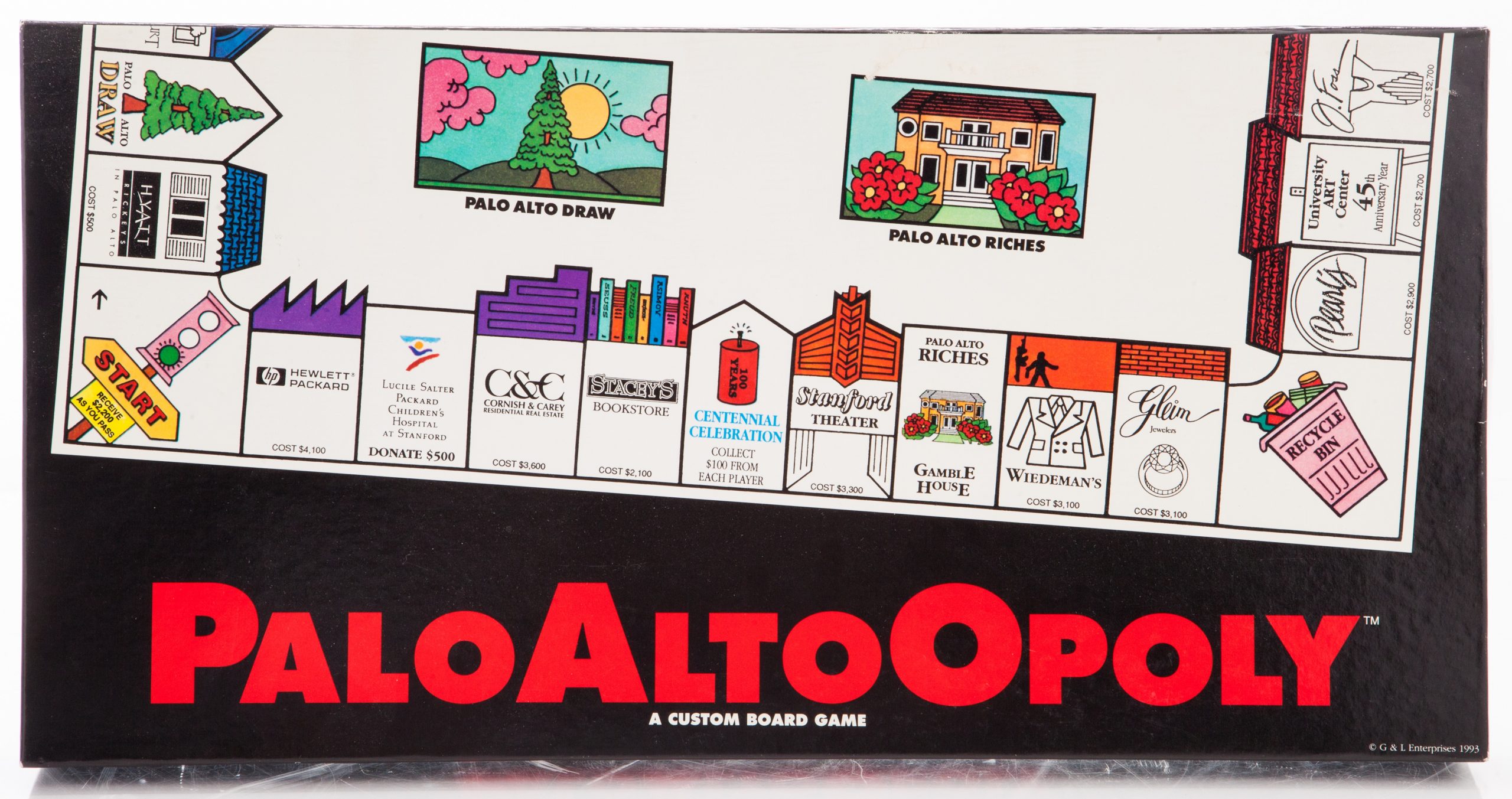 Copy of the box for the PaloAltoOpoly board game from 1993.