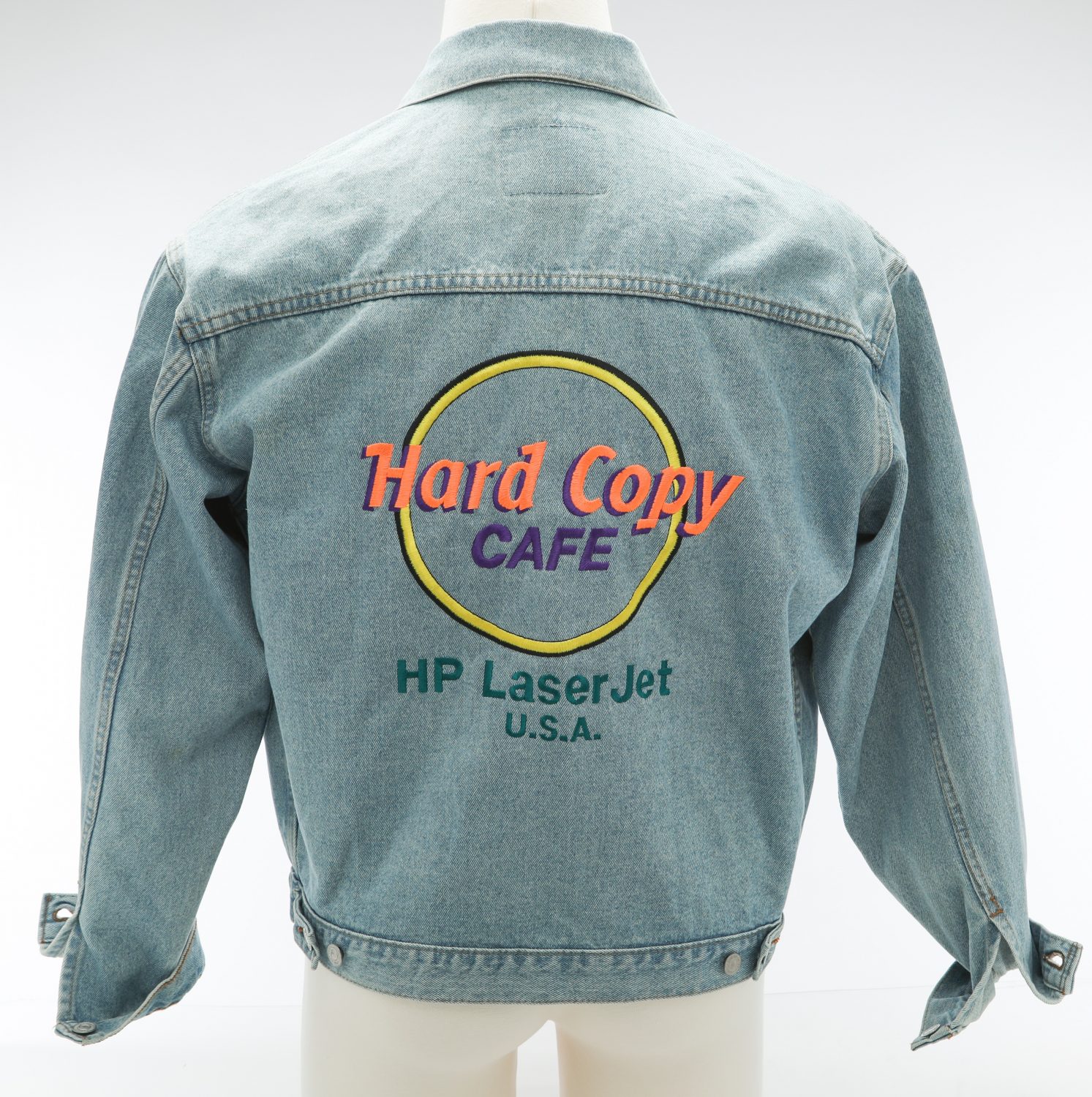 Back of the LaserJet branded jacket featuring a Hard Copy Café logo with HP LaserJet USA printed underneath.
