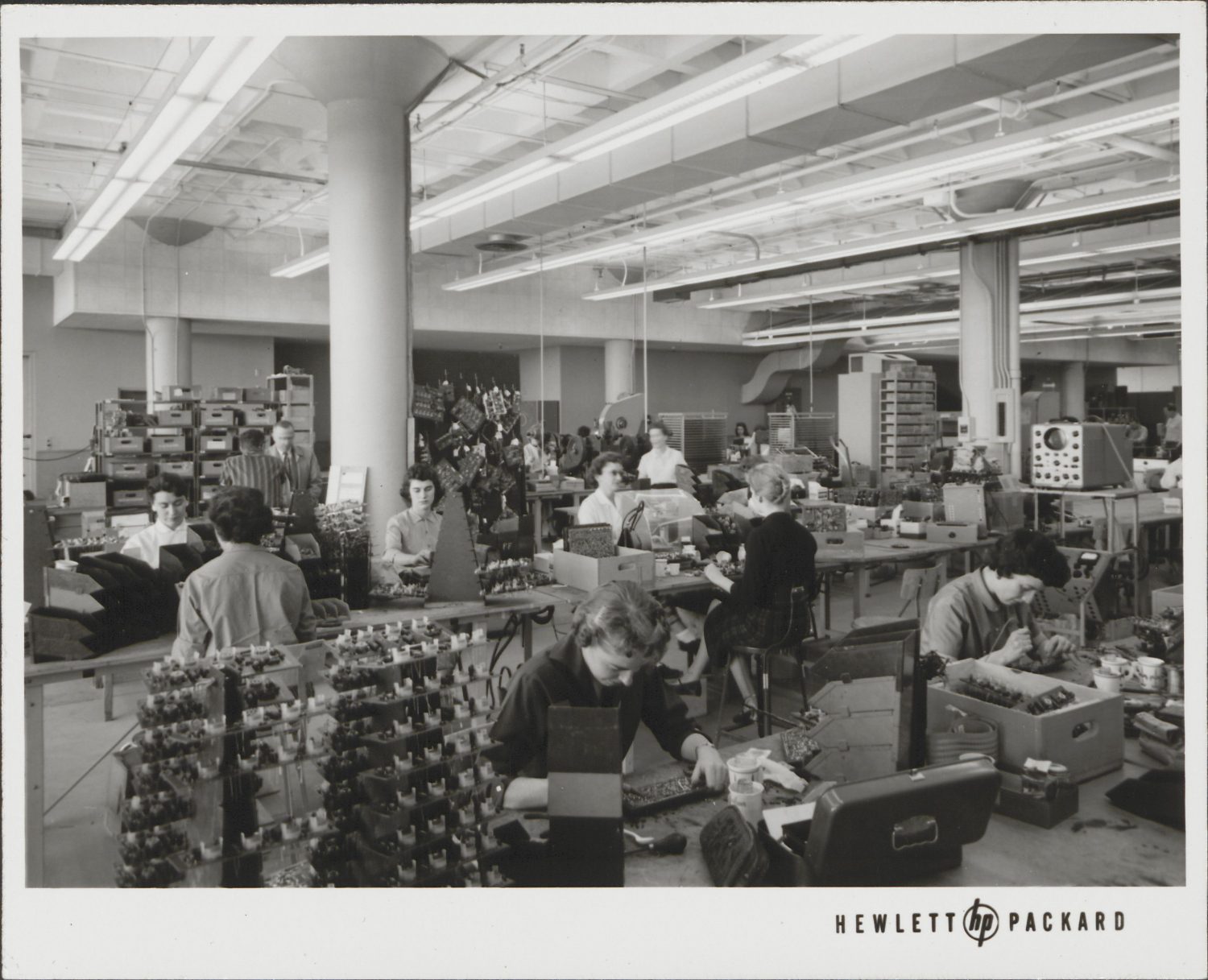 A photo of women employees in the Pre-Fab section of Building 1 at Palo Alto.