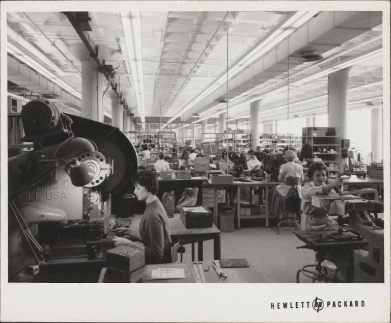 Female employees working at the Palo Alto production facility in the 1950s or 1960s.