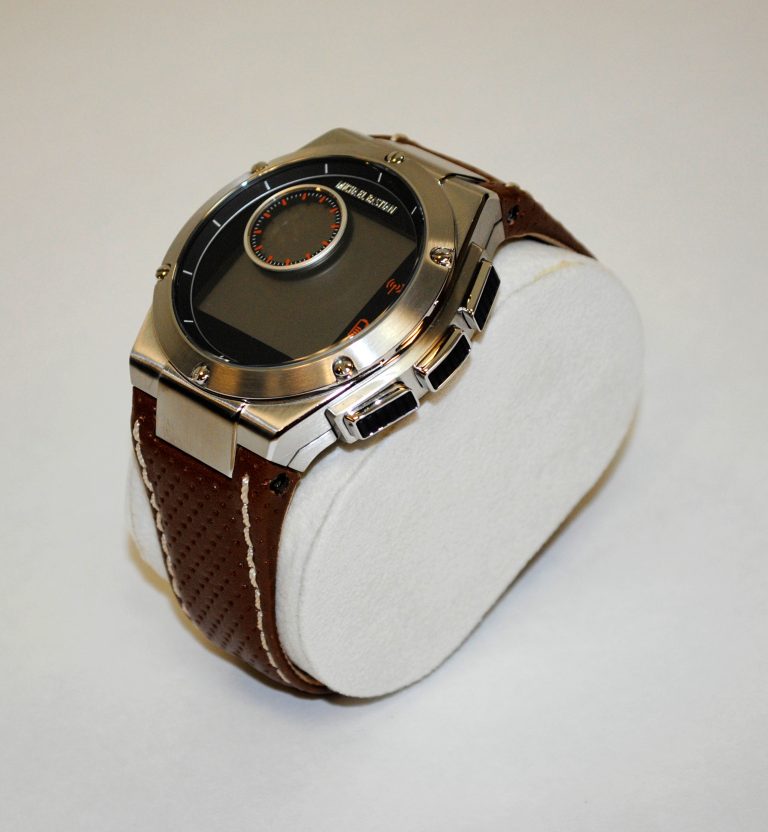 The Michael Bastian smartwatch (side angle).