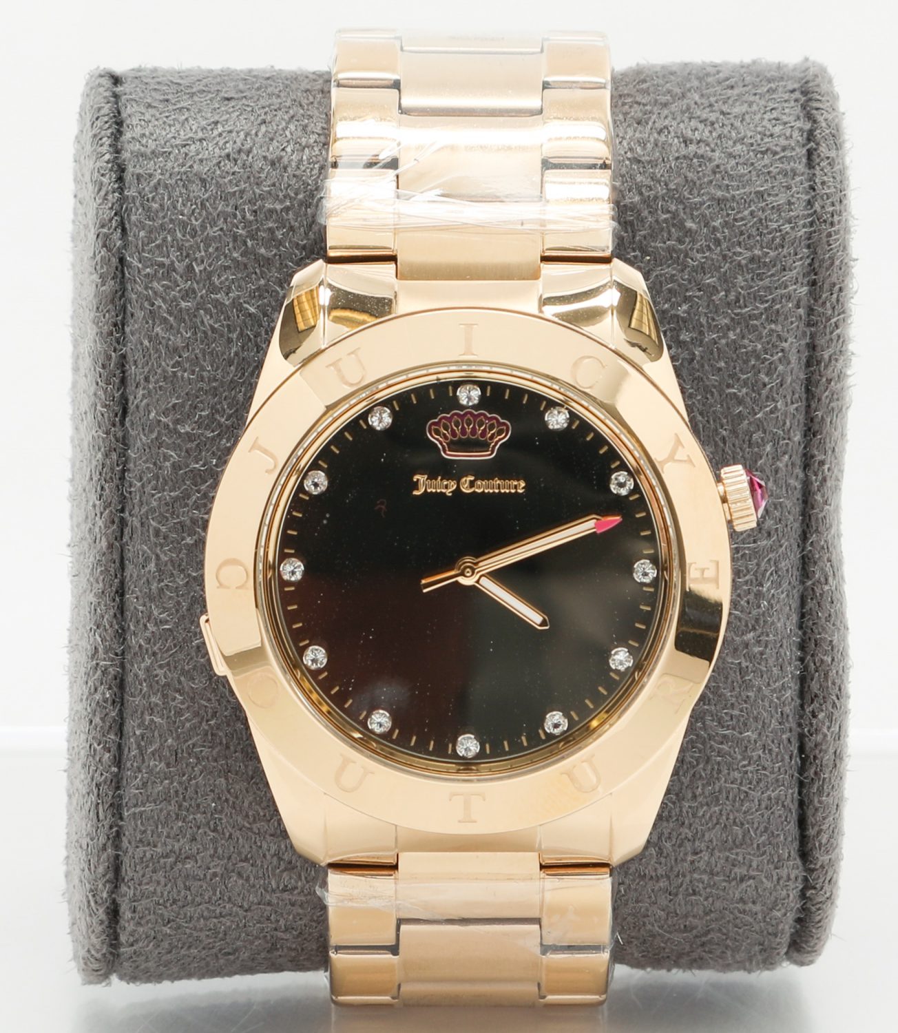 Gold smartwatch with black face and jeweled hour markers created in collaboration between HP and Juicy Couture.