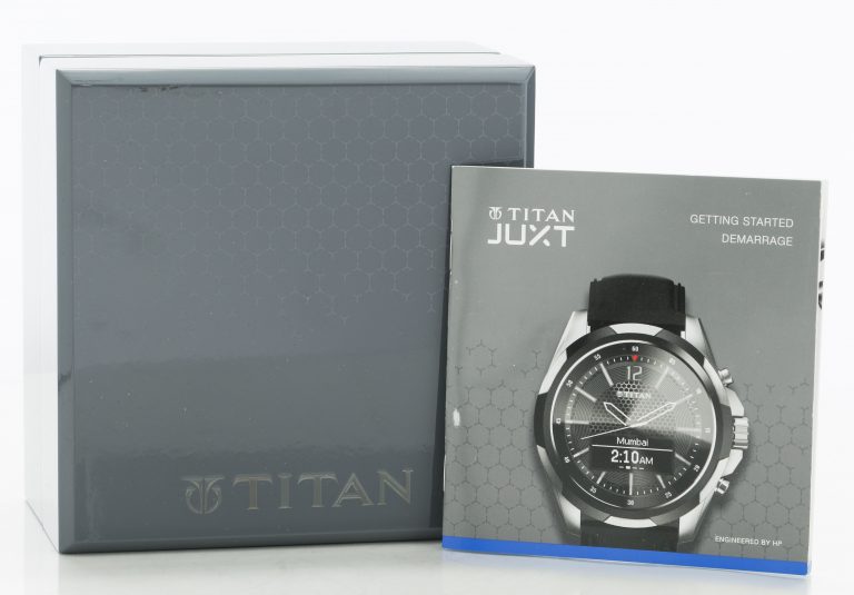 Box and manual for the Titan Juxt wristwatch engineered by HP.