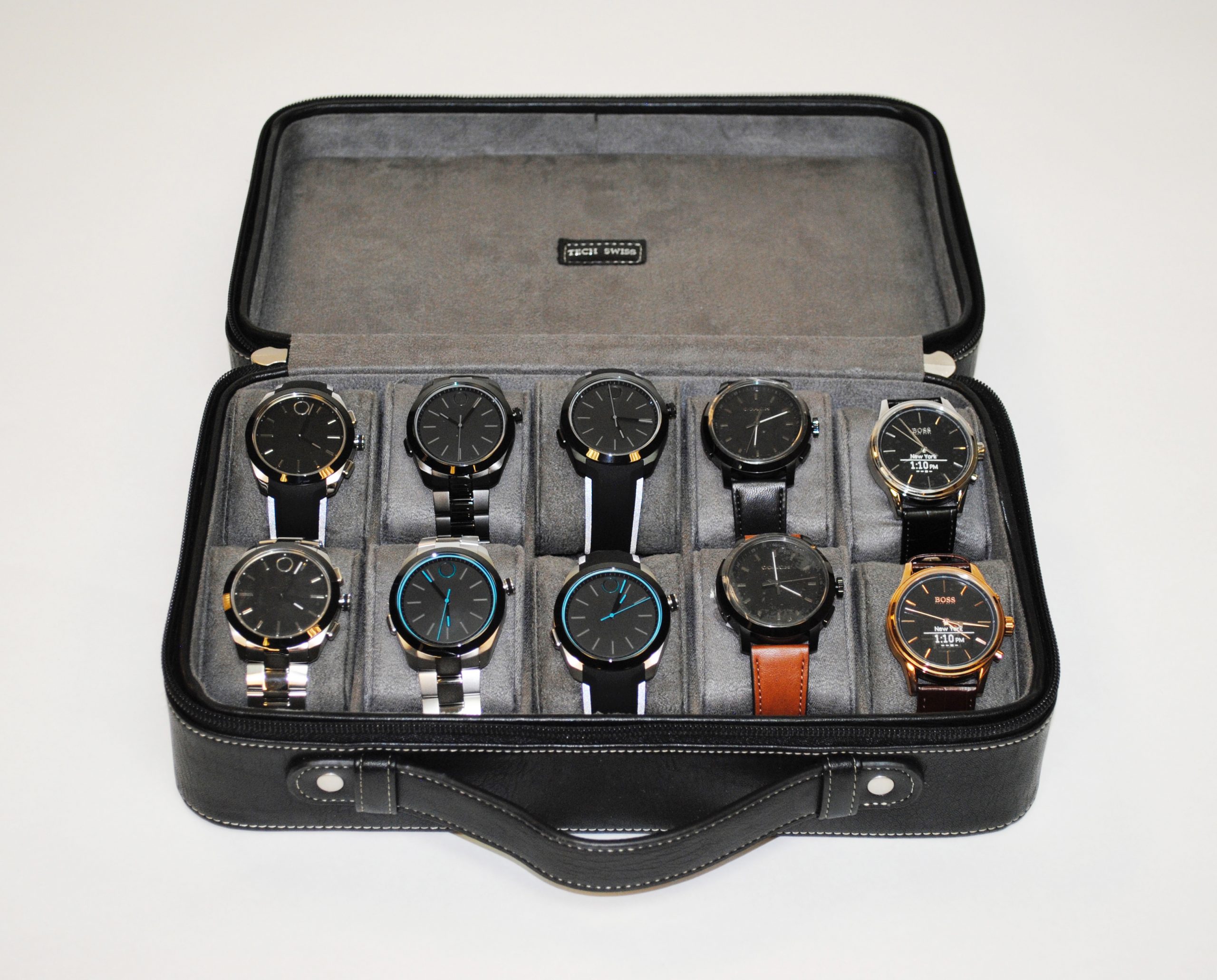 A carrying case with 10 smartwatches engineered by HP.