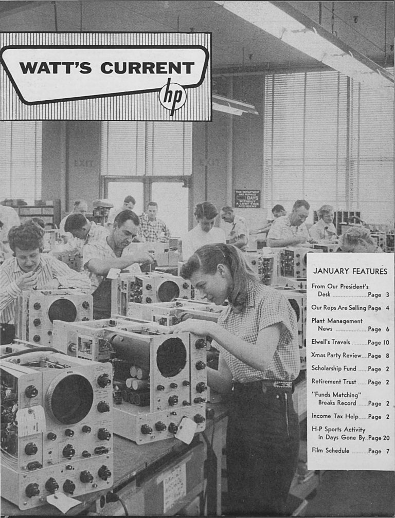 The cover of Watt's Current from January 1957 featuring men and women in the Wiring & Assembly section working side-by-side. 