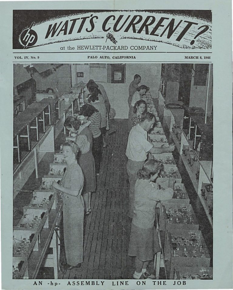 Cover of Watt's Current from March 8, 1946 featuring a production line of mostly women.
