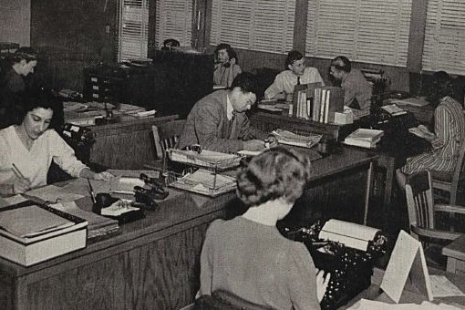 The cover of Watt's Current from April 5, 1946 showcasing women working in HP's offices.