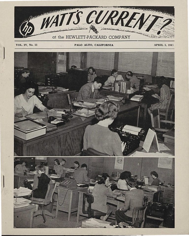 The cover of Watt's Current from April 5, 1946 showcasing women working in HP's offices.