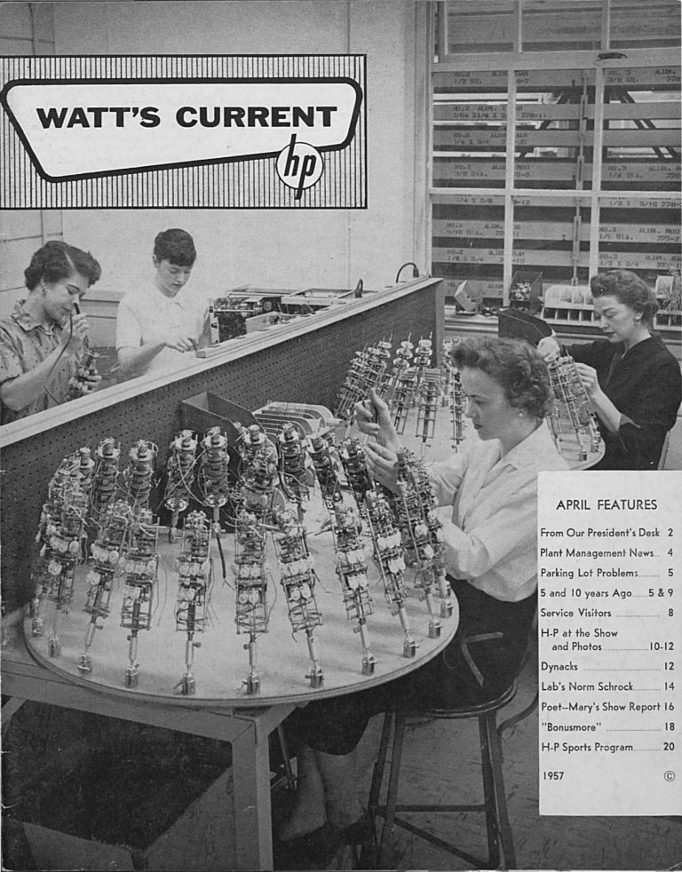 Cover of Watt's Current from April 1957 featuring Maizy Orme, Mary Jo Murray, Joann Hunsake and Helen Gualtieri.