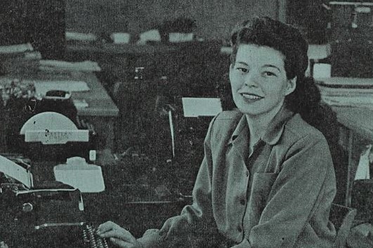 Cover of Watt's Current from April 26, 1946 featuring Helen Culver on the cover seated at a typewriter.