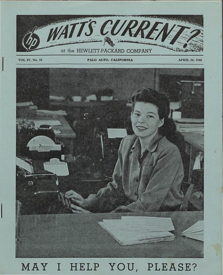 Cover of Watt's Current from April 26, 1946 featuring Helen Culver on the cover seated at a typewriter.