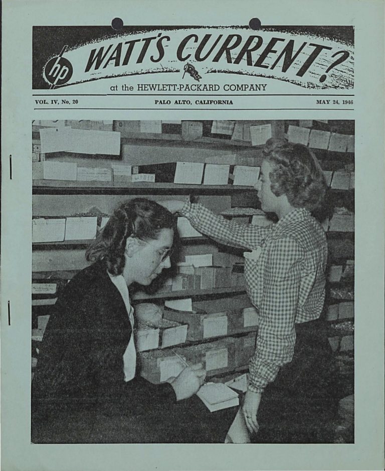 Cover of Watt's Current from May 24, 1946 featuring Billie Howard and Marge Normal working in the stockroom.