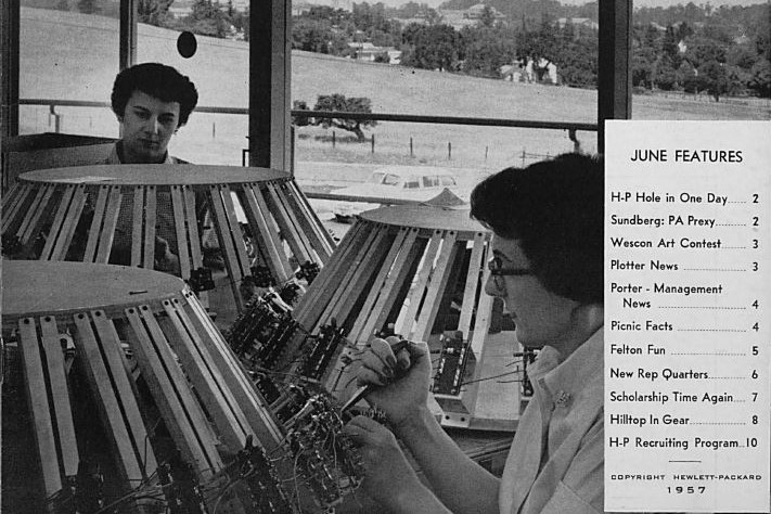 Cover of Watt's Current from June 1957 featuring Barbara Brown and June Wessel working at Stanford Unit no. 2.