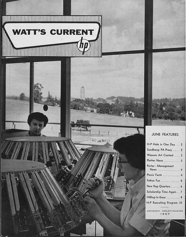 Cover of Watt's Current from June 1957 featuring Barbara Brown and June Wessel working at Stanford Unit no. 2.