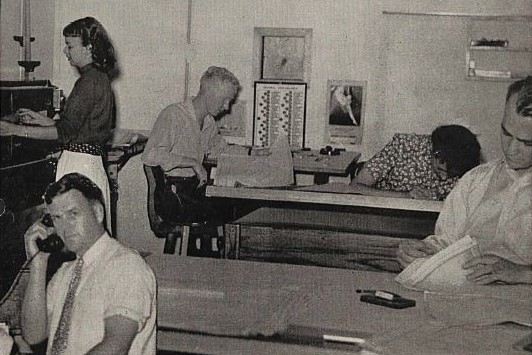 Copy of Watt's Current from August 16, 1946 with Marjorie Kidd, Barbara Ames and others working in the Drafting Department.