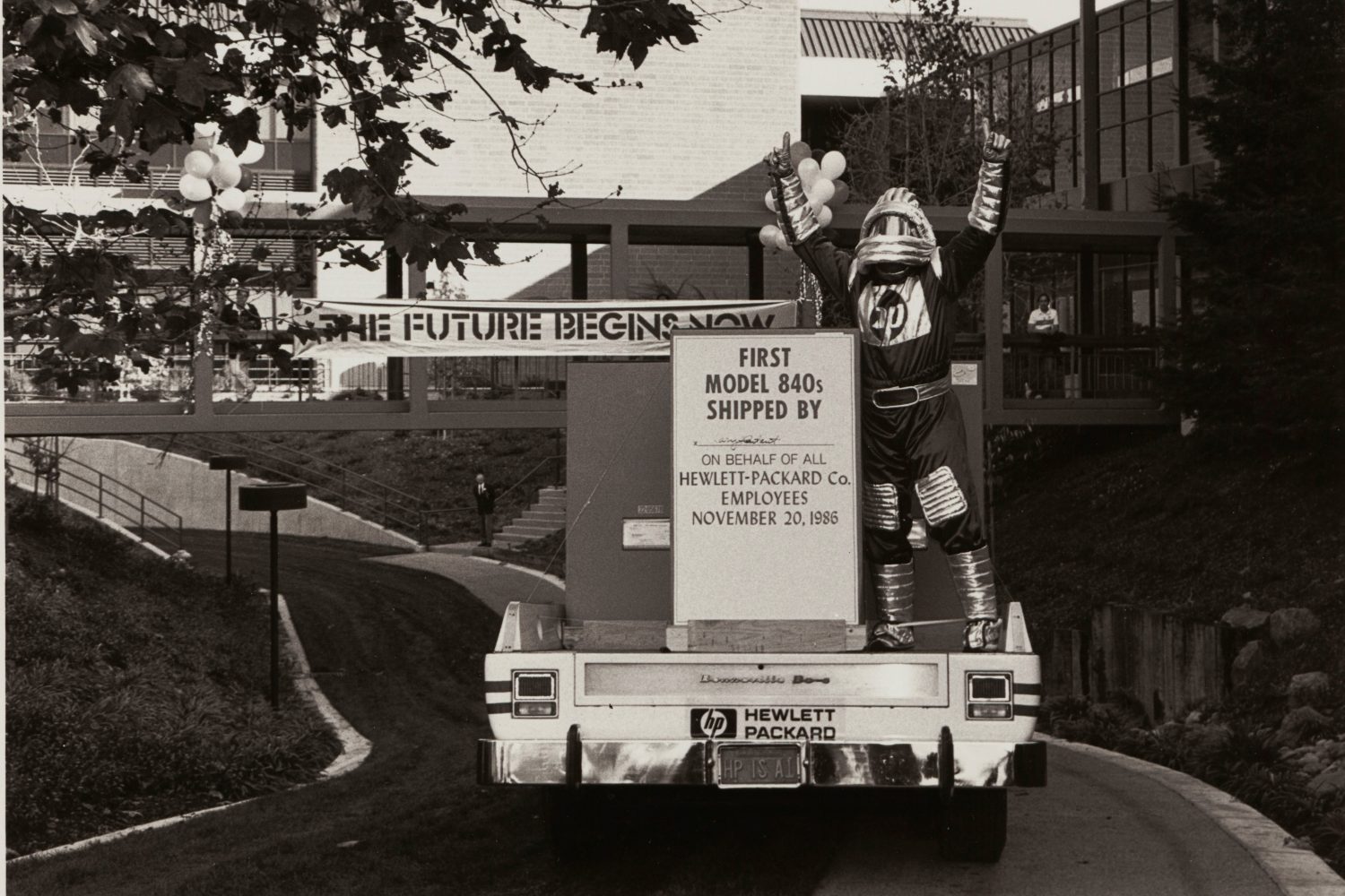 An HP employee in a futuristic costume celebrating the shipment of HP's first Precision Architecture products (Model 840s).