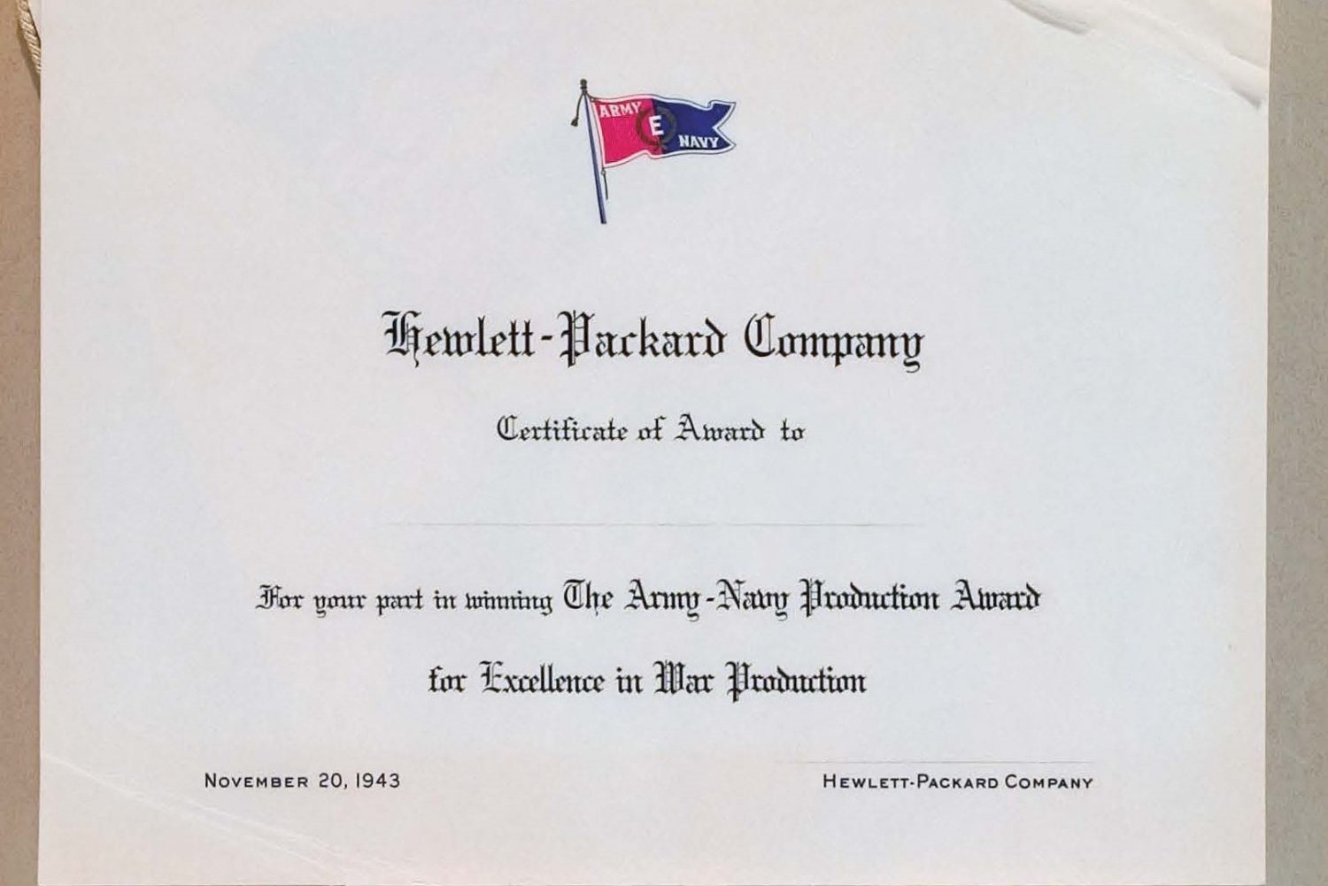 A blank certificate to HP employees from the company recognizing their role in winning the Army-Navy 