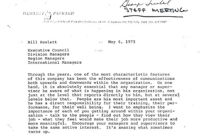 A letter from Bill Hewlett discussing Hewlett-Packard’s “open door policy” and its importance to the company culture.